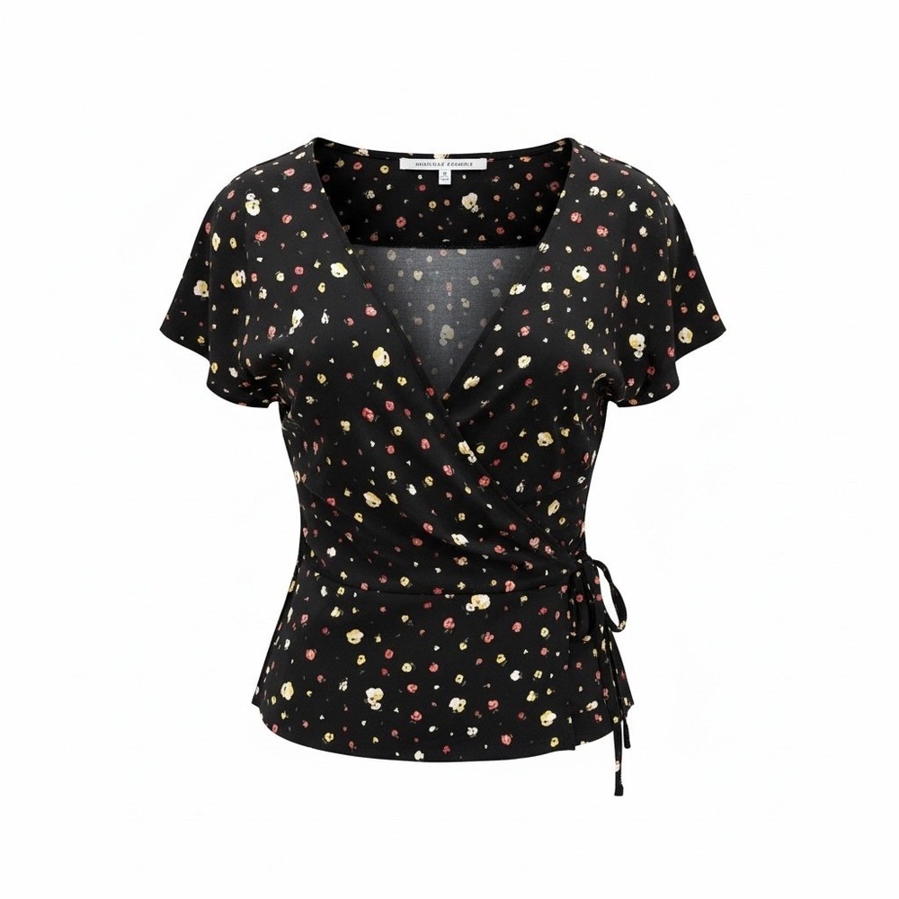 Collective Concepts Womens‎ XL Black Floral Wrap Top Short Sleeve V-Neck Blouse